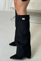 Women's tall pointed-toe heeled boots with buckle detail