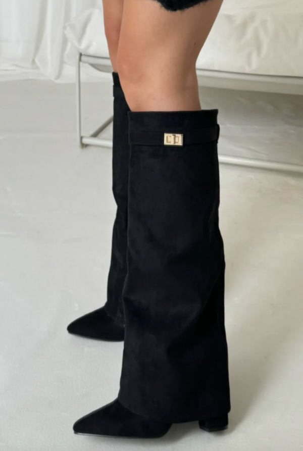 Women's knee-high pointed-toe boots with straight shafts, buckle detail and low block heels