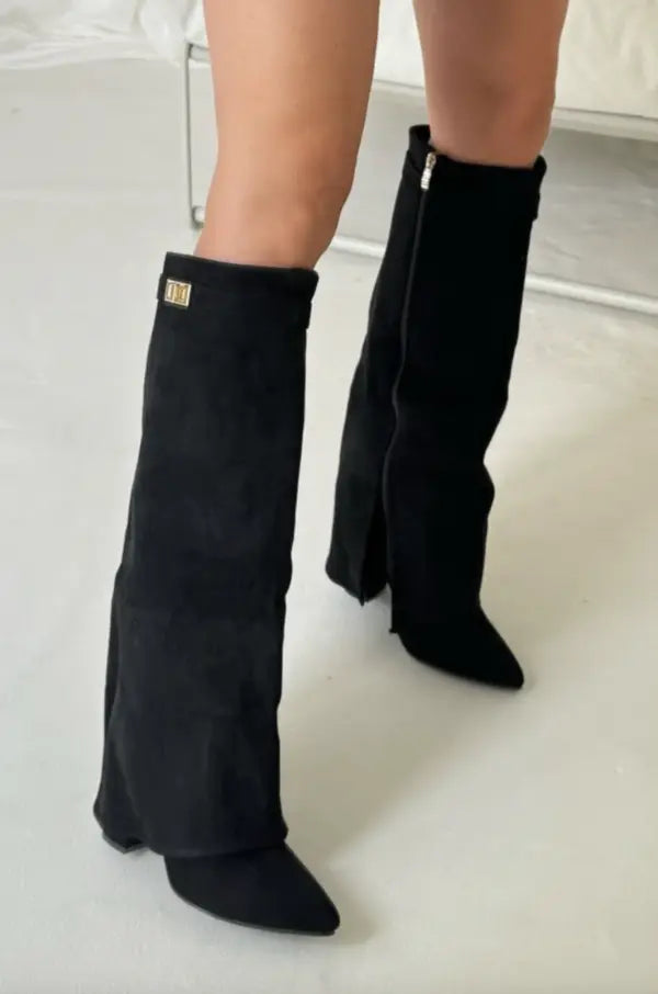 Women's mid-calf boots with pointed toes, buckle straps and block heels