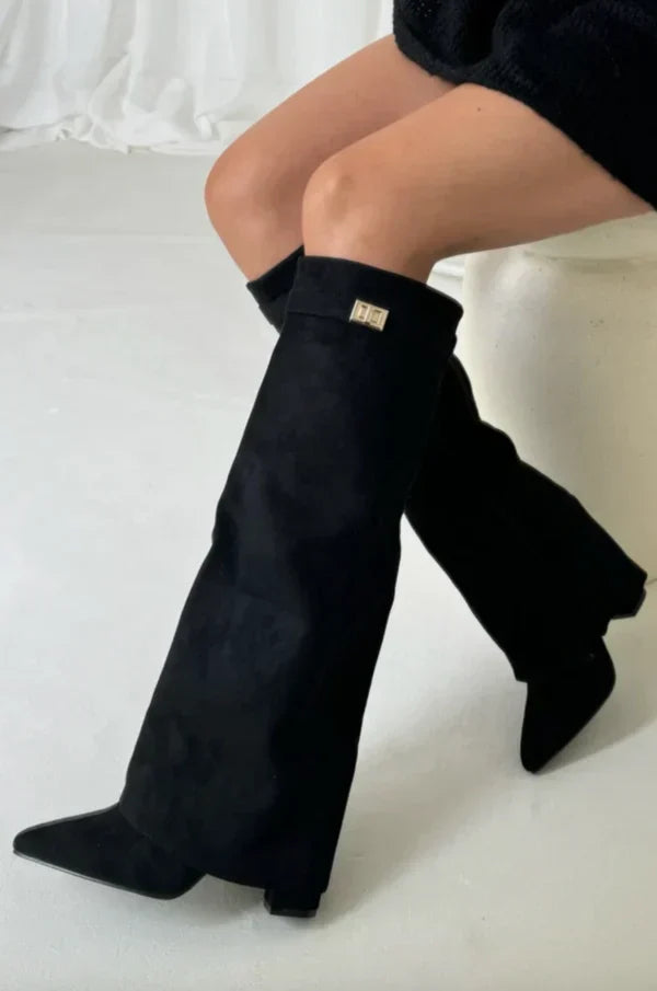 Women's tall pointed-toe heeled boots with buckle detail