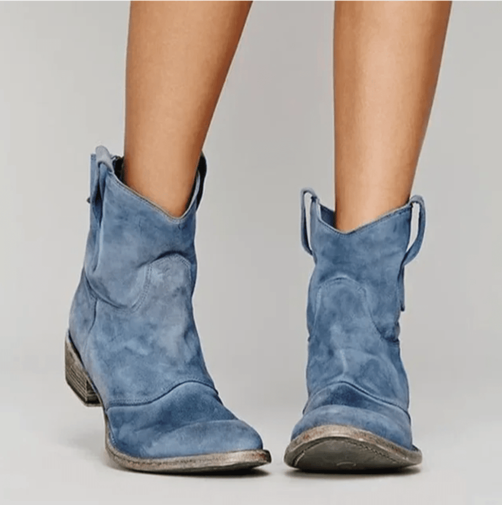 Women's suede ankle boots with low block heels and side pull tabs
