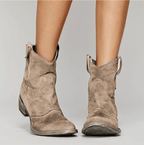 Women's suede ankle boots with low block heels and side pull tabs