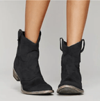 Women's suede ankle boots with low block heels and side pull tabs