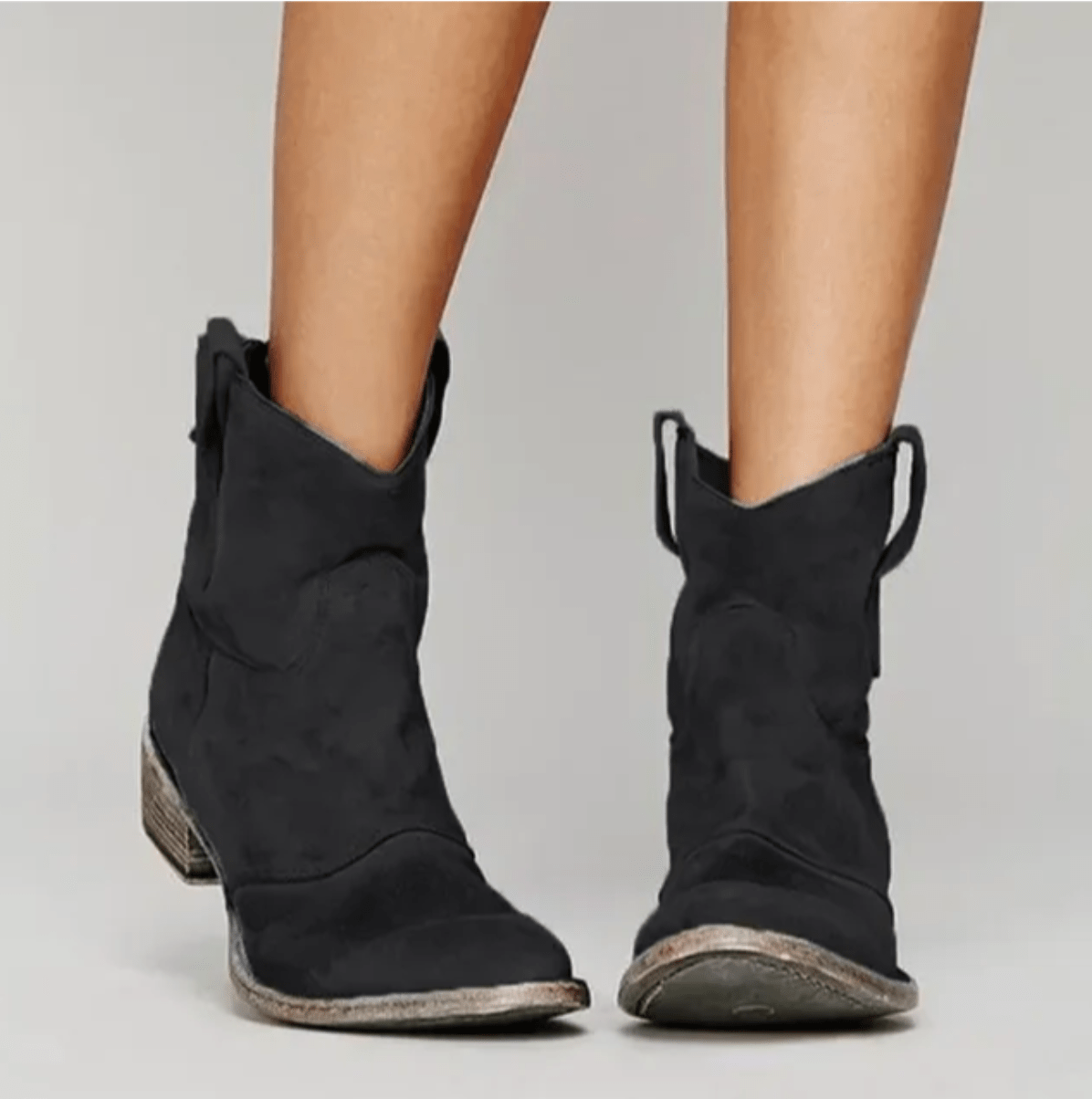 Women's suede ankle boots with low block heels and side pull tabs