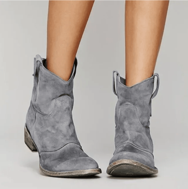 Women's suede ankle boots with low block heels and side pull tabs