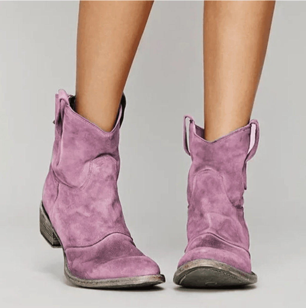 Women's suede ankle boots with low block heels and side pull tabs