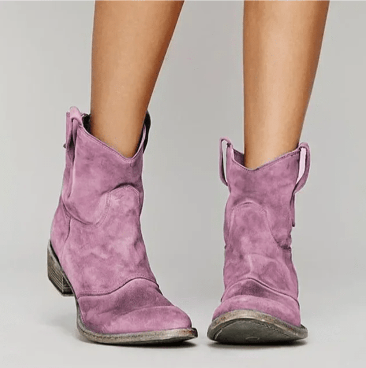 Women's suede ankle boots with low block heels and side pull tabs