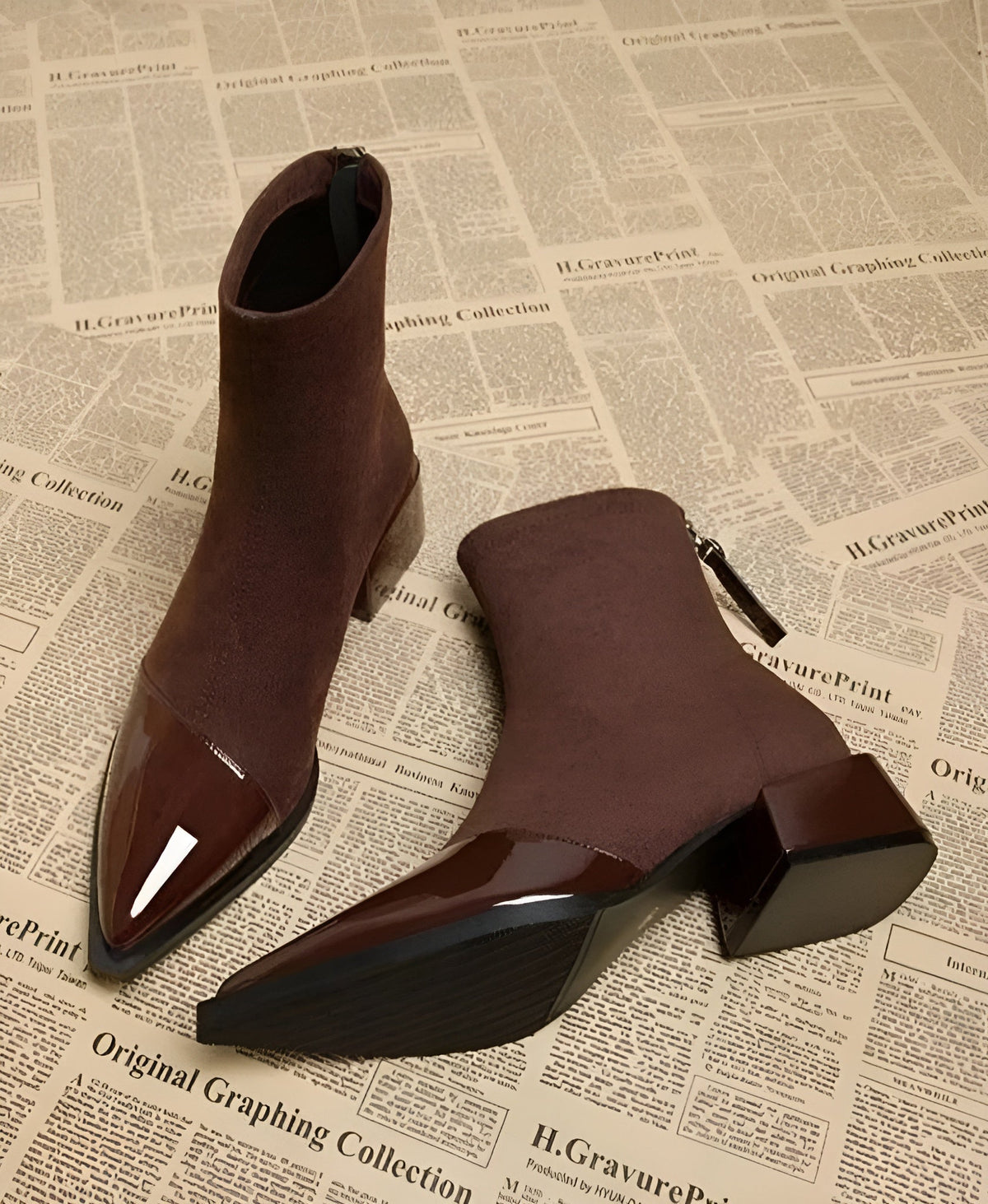 Women's pointed-toe ankle boots with glossy trim and block heels