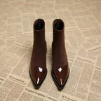 Women's pointed-toe ankle boots with glossy trim and block heels