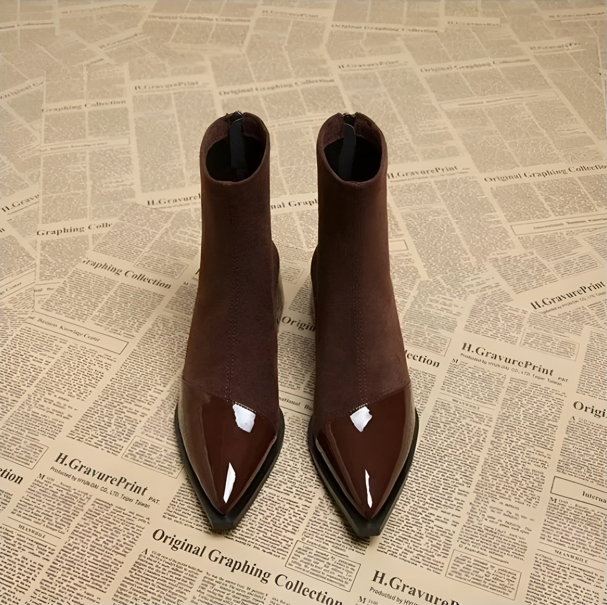 Women's pointed-toe ankle boots with glossy trim and block heels