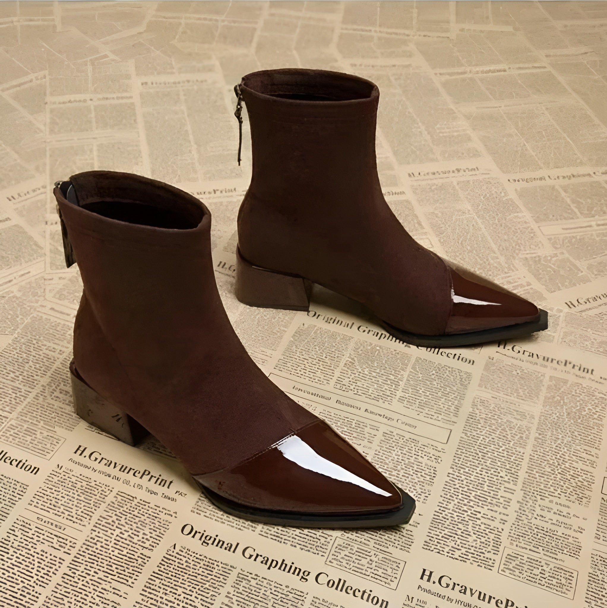 Women's pointed-toe ankle boots with glossy trim and block heels