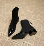 Women's pointed-toe ankle boots with glossy trim and block heels