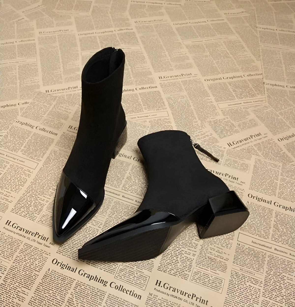 Women's pointed-toe ankle boots with glossy trim and block heels