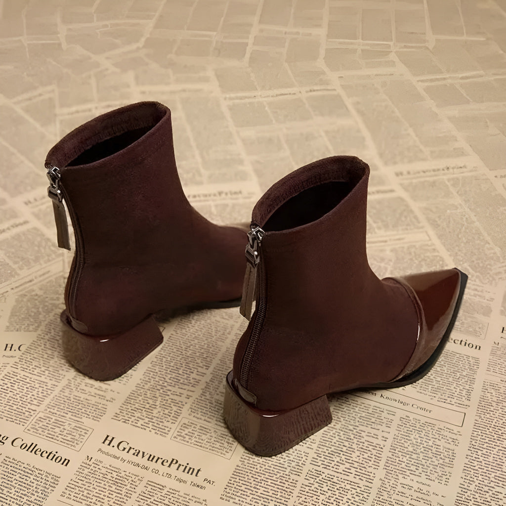 Women's pointed-toe ankle boots with glossy trim and block heels