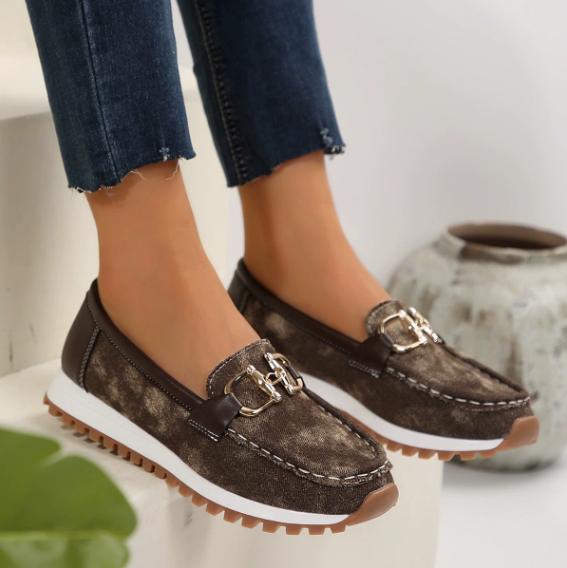 Women's patterned loafers with double buckle trim and ridged soles
