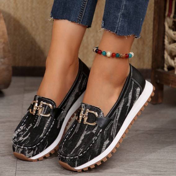 Women's patterned loafers with double buckle trim and ridged soles