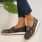 Women's patterned loafers with double buckle trim and ridged soles
