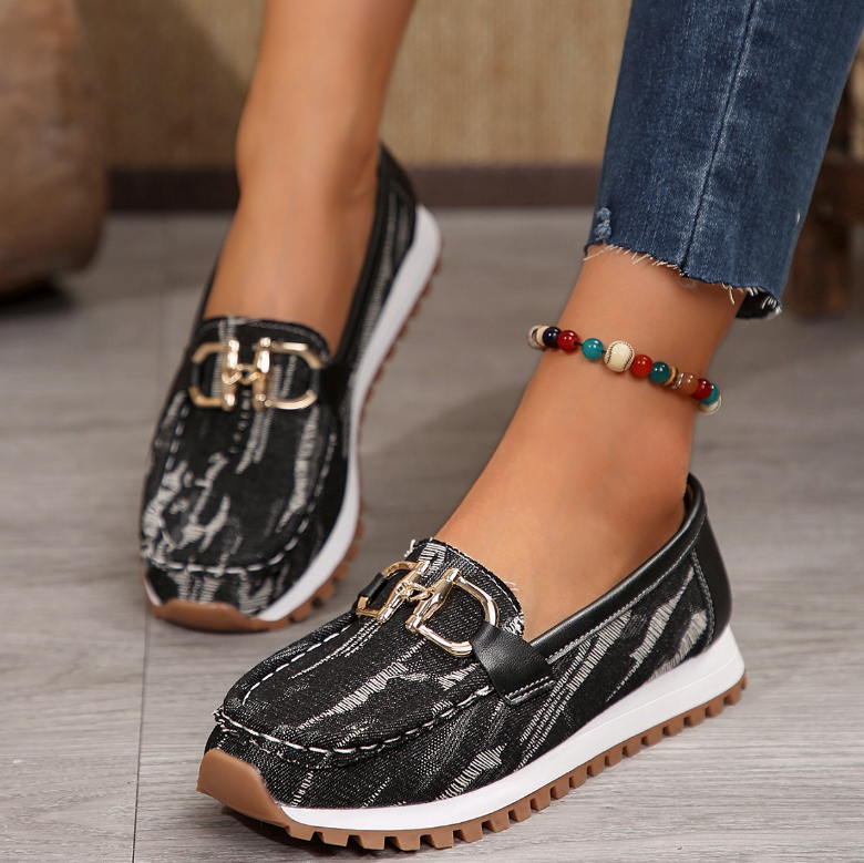 Women's patterned loafers with double buckle trim and ridged soles