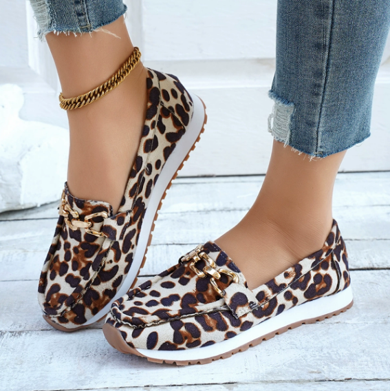 Women's leopard print loafers with gold-tone penny strap detail