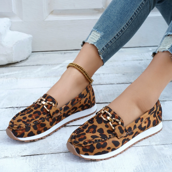 Women's leopard print loafers with gold-tone penny strap detail
