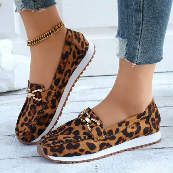Women's leopard print loafers with gold-tone penny strap detail
