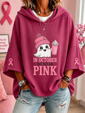 Women's hooded top with short sleeves, ghost graphic and pink ribbon sleeve details