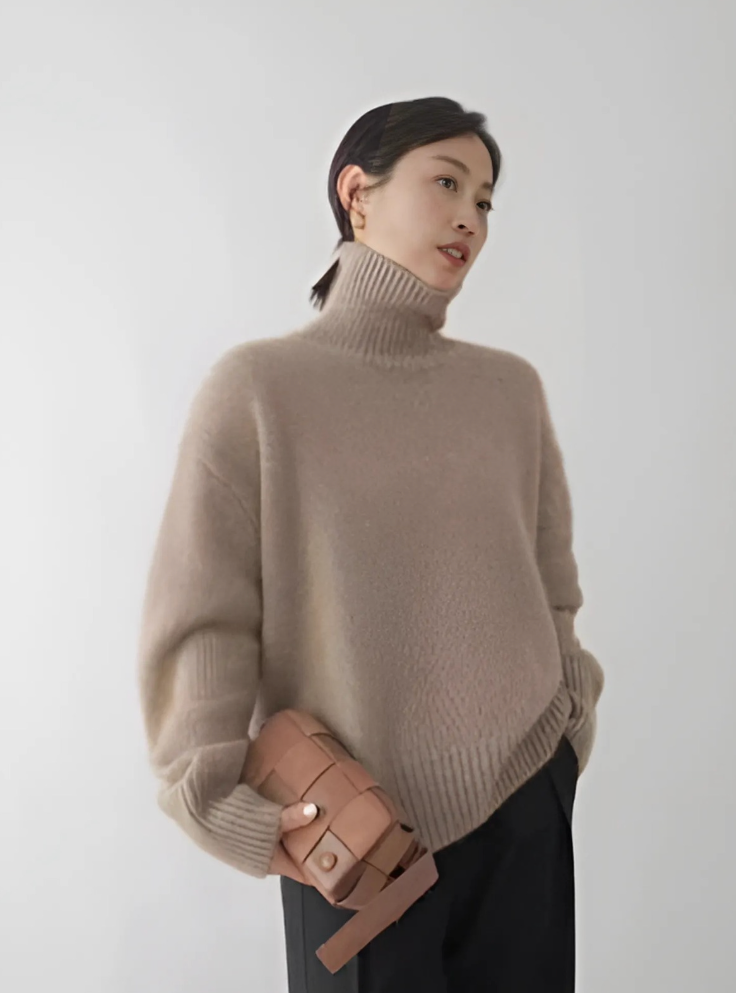 Women's plain turtleneck sweater with ribbed collar and cuffs