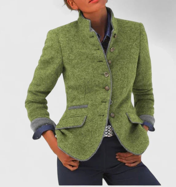 Women's button front jacket with Mandarin collar, long sleeves and contrast-trimmed pockets