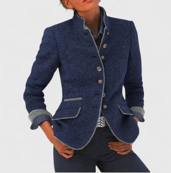 Women's button front jacket with Mandarin collar, long sleeves and contrast-trimmed pockets