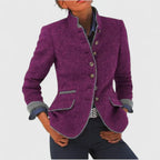 Women's button front jacket with Mandarin collar, long sleeves and contrast-trimmed pockets