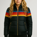 Women's padded hooded windbreaker jacket with horizontal stripes