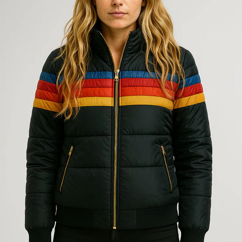Women's padded hooded windbreaker jacket with horizontal stripes