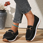 Women's flat loafers with moc toe stitching and metal buckle detail