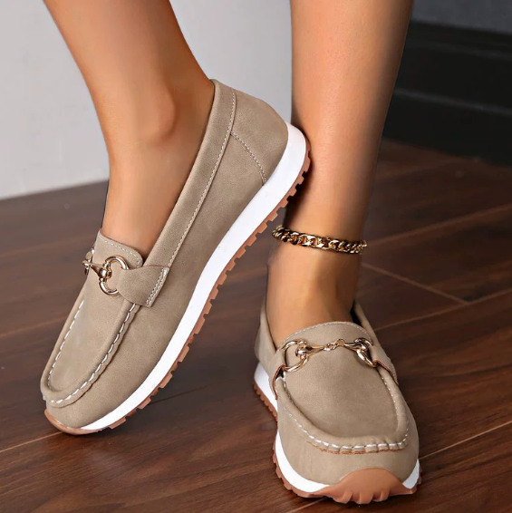 Women's flat loafers with moc toe stitching and metal buckle detail
