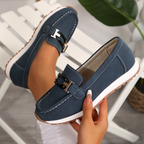 Women's navy chain detail loafers with moc toe and flat sole