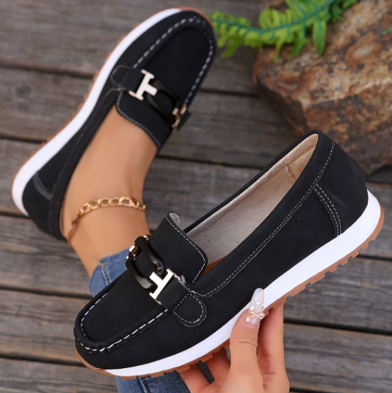 Women's navy chain detail loafers with moc toe and flat sole