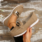 Women's navy chain detail loafers with moc toe and flat sole