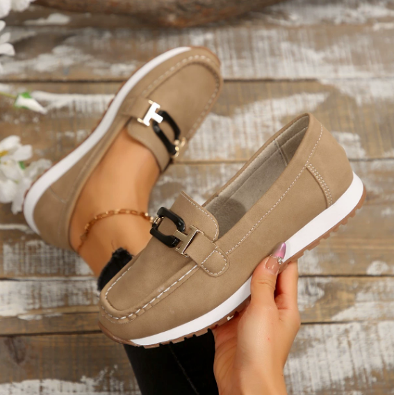 Women's navy chain detail loafers with moc toe and flat sole