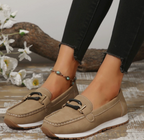 Women's navy chain detail loafers with moc toe and flat sole