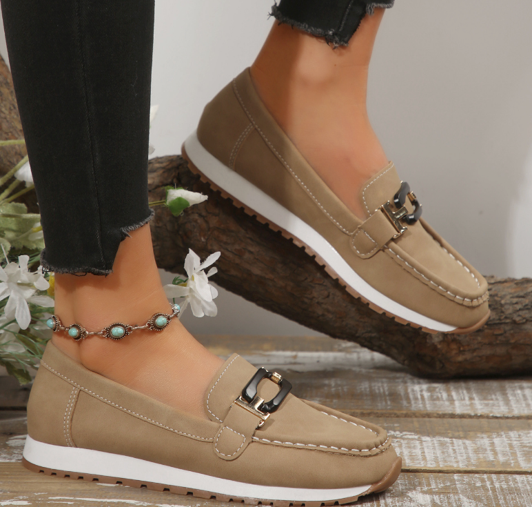Women's navy chain detail loafers with moc toe and flat sole