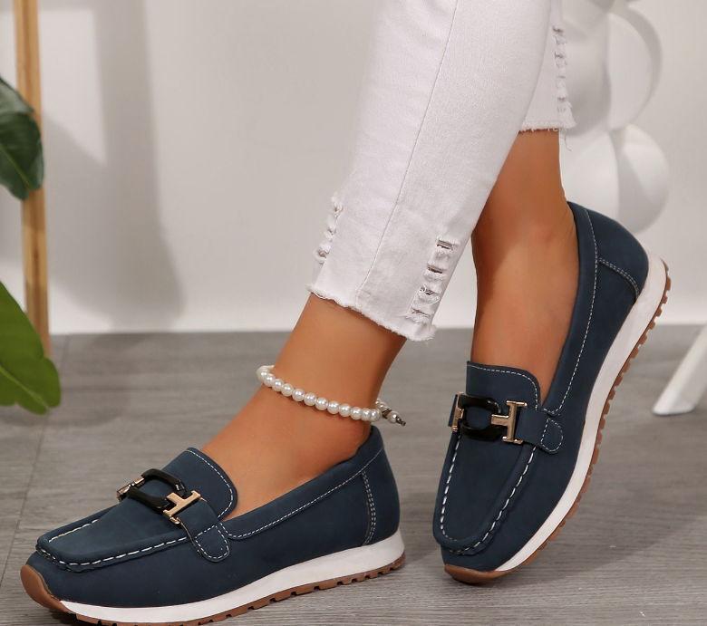 Women's navy chain detail loafers with moc toe and flat sole