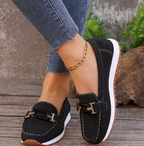 Women's navy chain detail loafers with moc toe and flat sole