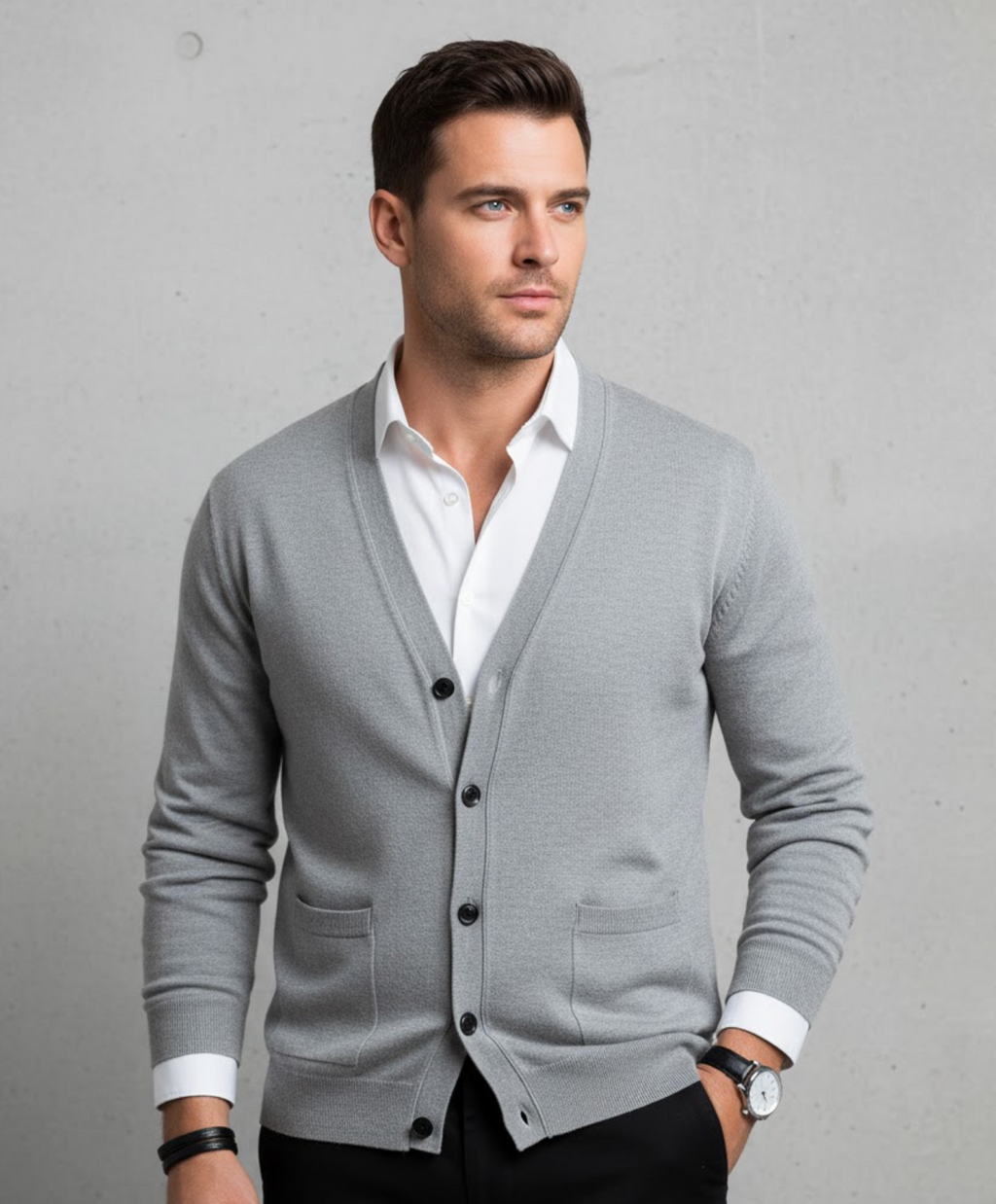 Men's V-neck cardigan with long sleeves and button front