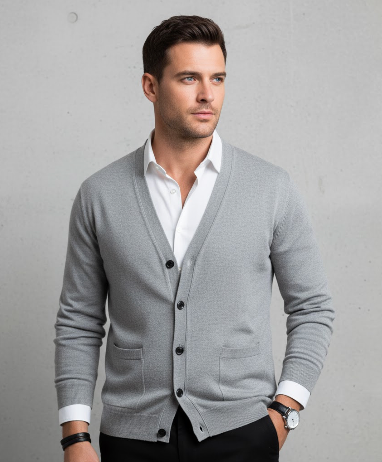 Men's V-neck cardigan with long sleeves and button front