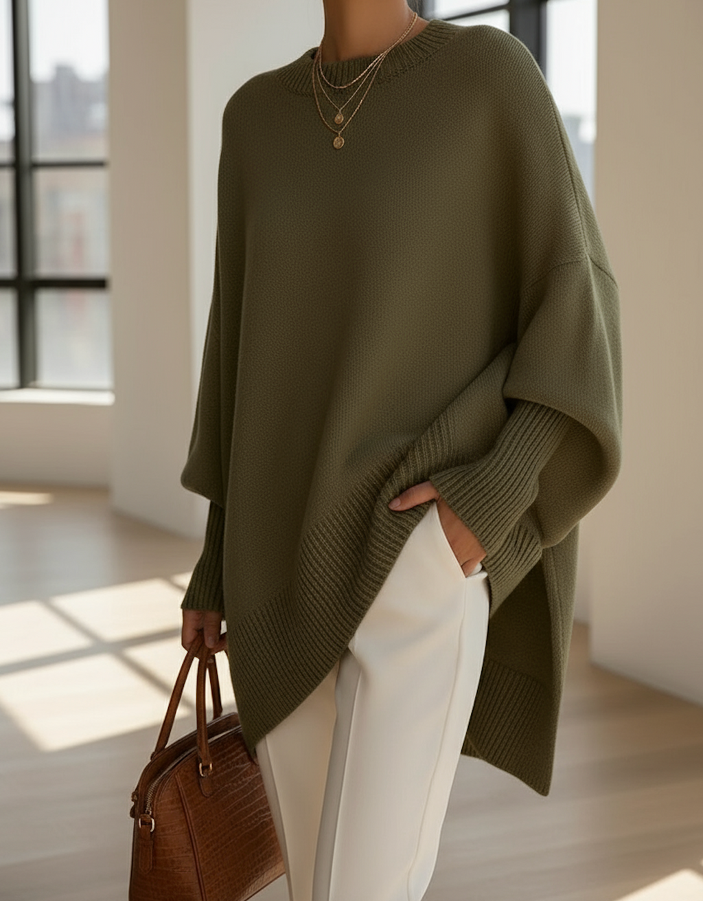 Oversized knit sweater with crew neckline and long sleeves