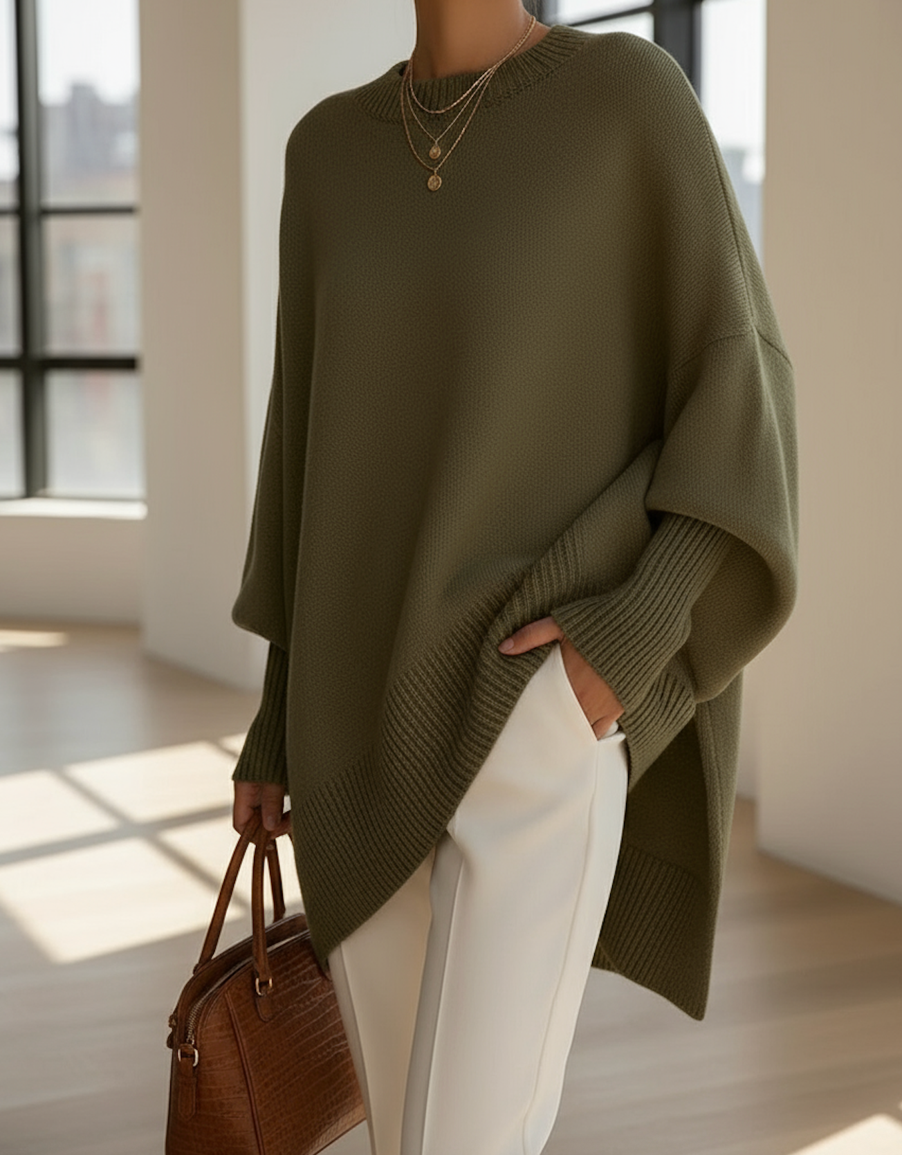 Oversized knit sweater with crew neckline and long sleeves