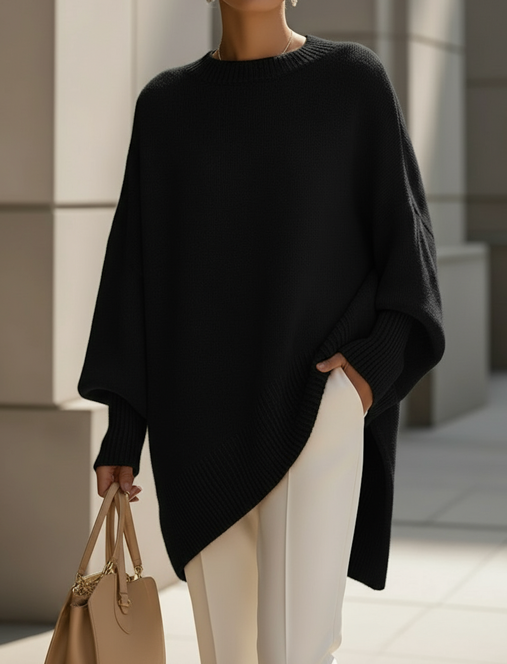 Oversized knit sweater with crew neckline and long sleeves