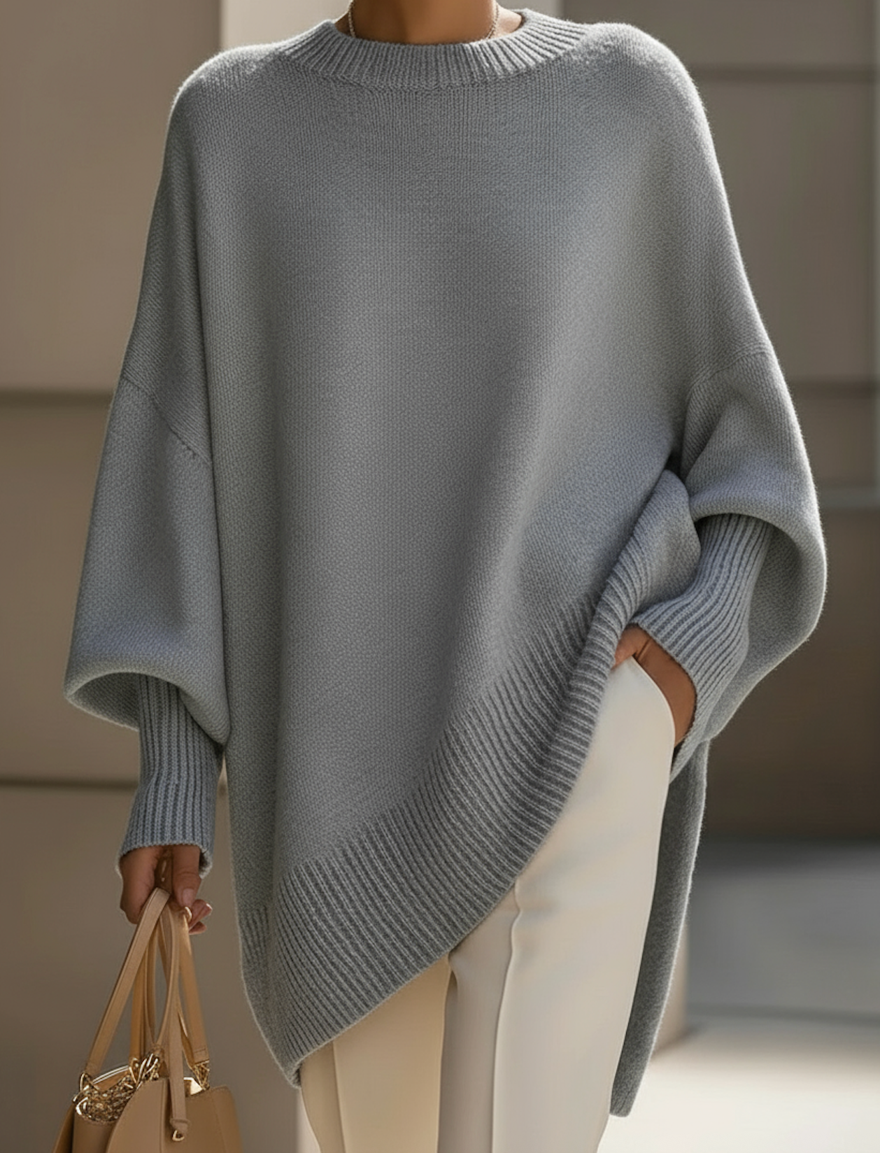 Oversized knit sweater with crew neckline and long sleeves