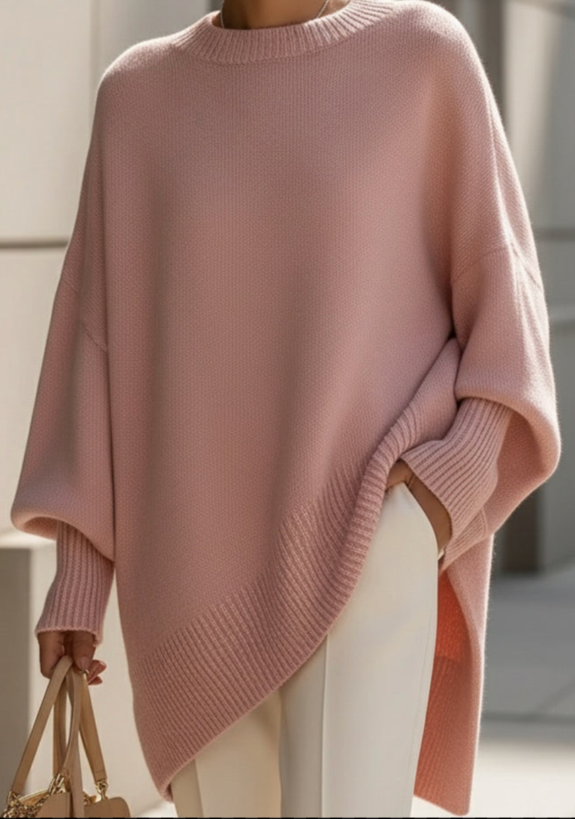 Oversized knit sweater with crew neckline and long sleeves