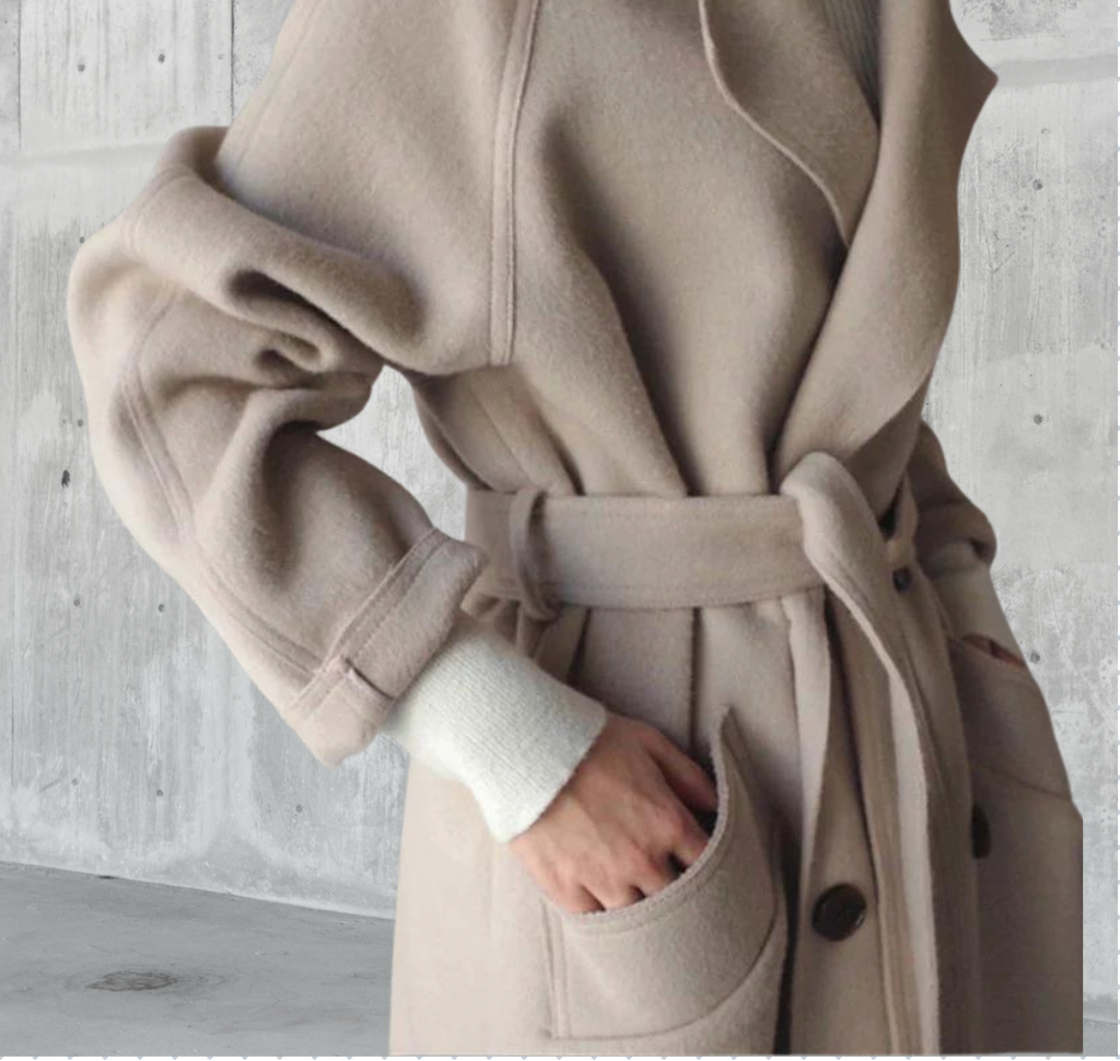 Women's long trench coat with lapels, belt and double-breasted buttons